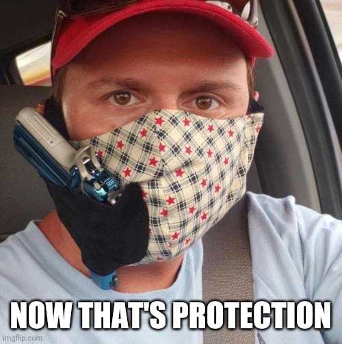 HE'S PROTECTING YOU AND HIMSELF | NOW THAT'S PROTECTION | image tagged in guns,face mask | made w/ Imgflip meme maker