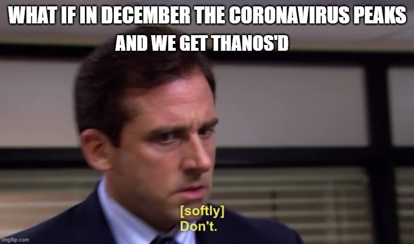 Michael Dont | WHAT IF IN DECEMBER THE CORONAVIRUS PEAKS; AND WE GET THANOS'D | image tagged in michael dont | made w/ Imgflip meme maker