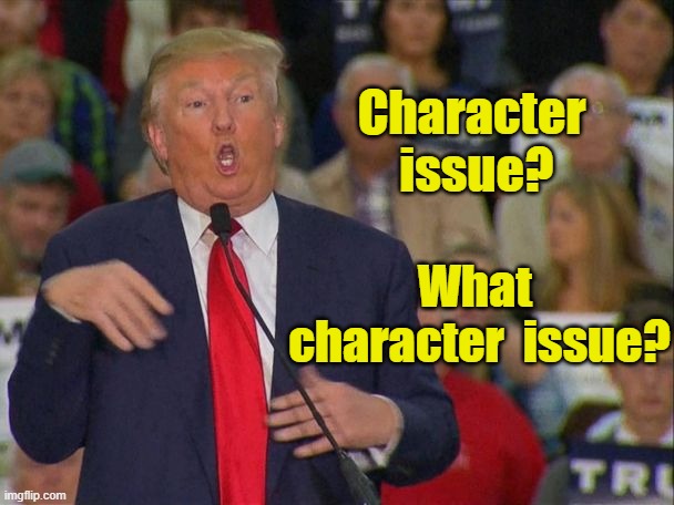Trump's Character Issue | Character  issue? What  character  issue? | image tagged in trump for president,donald trump approves,deplorable donald,presidential race,trump to gop | made w/ Imgflip meme maker