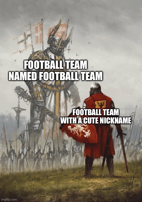 Giant knight | FOOTBALL TEAM NAMED FOOTBALL TEAM; FOOTBALL TEAM WITH A CUTE NICKNAME | image tagged in giant knight | made w/ Imgflip meme maker