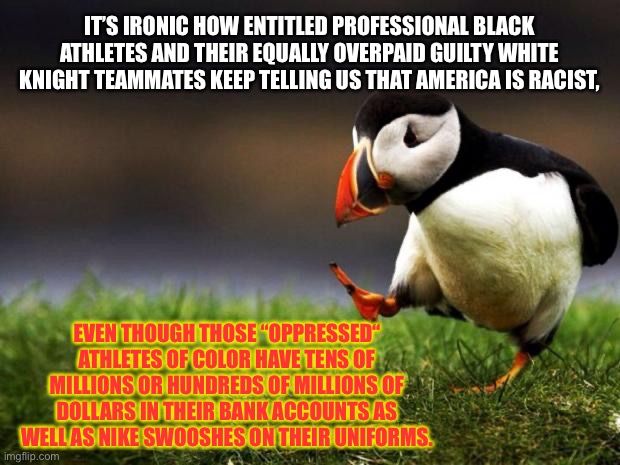 Nike is paying these equally overcompensated pro athletes | IT’S IRONIC HOW ENTITLED PROFESSIONAL BLACK ATHLETES AND THEIR EQUALLY OVERPAID GUILTY WHITE KNIGHT TEAMMATES KEEP TELLING US THAT AMERICA IS RACIST, EVEN THOUGH THOSE “OPPRESSED“ ATHLETES OF COLOR HAVE TENS OF MILLIONS OR HUNDREDS OF MILLIONS OF DOLLARS IN THEIR BANK ACCOUNTS AS WELL AS NIKE SWOOSHES ON THEIR UNIFORMS. | image tagged in memes,unpopular opinion puffin,nike,racist,black and white,america | made w/ Imgflip meme maker