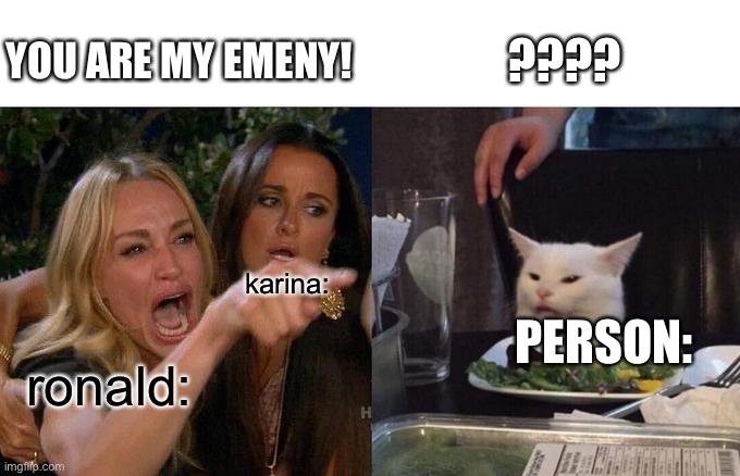 only ronald omg fans would understand this | YOU ARE MY EMENY! ???? karina:; PERSON:; ronald: | image tagged in memes,woman yelling at cat | made w/ Imgflip meme maker