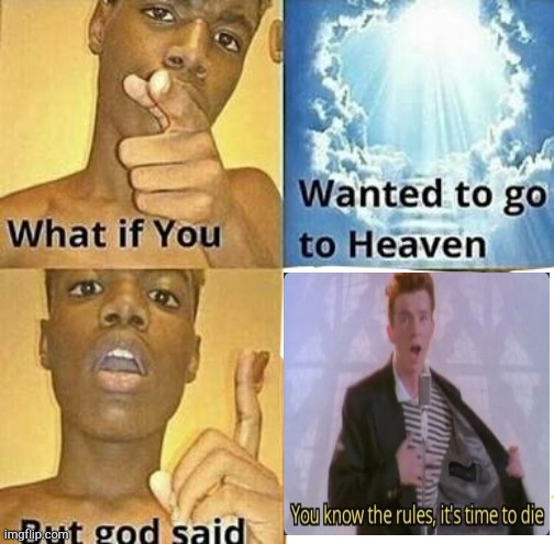 Nope. | image tagged in what if you wanted to go to heaven,funny,memes,rick roll,you know the rules it's time to die | made w/ Imgflip meme maker