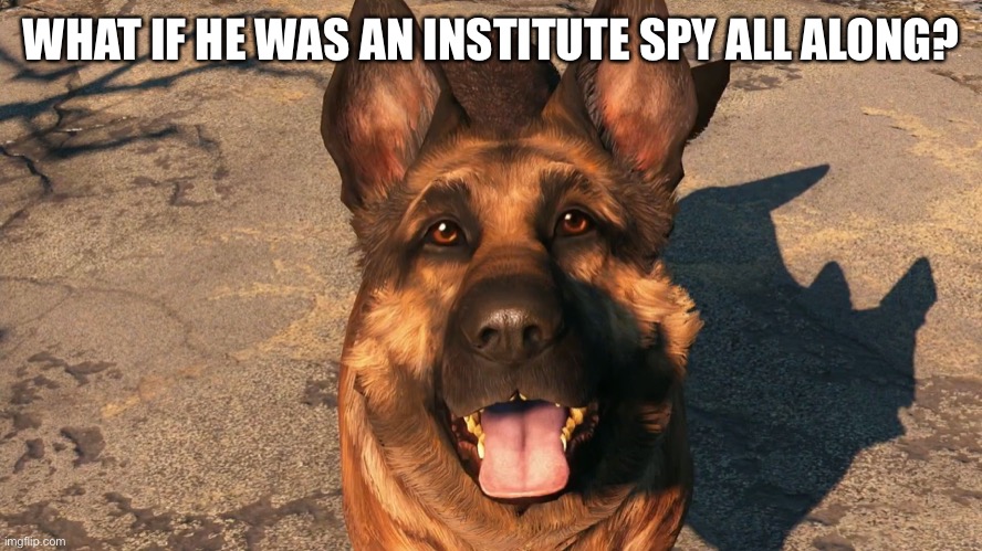 Dogmeat, no! | WHAT IF HE WAS AN INSTITUTE SPY ALL ALONG? | image tagged in dogmeat moon moon | made w/ Imgflip meme maker