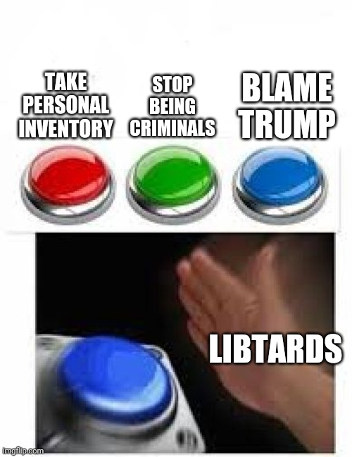 Red Green Blue Buttons | TAKE PERSONAL INVENTORY STOP BEING CRIMINALS BLAME TRUMP LIBTARDS | image tagged in red green blue buttons | made w/ Imgflip meme maker