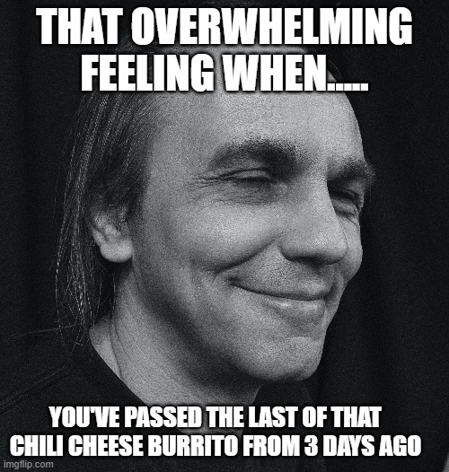 THAT OVERWHELMING FEELING WHEN..... YOU'VE PASSED THE LAST OF THAT CHILI CHEESE BURRITO FROM 3 DAYS AGO | image tagged in burrito | made w/ Imgflip meme maker
