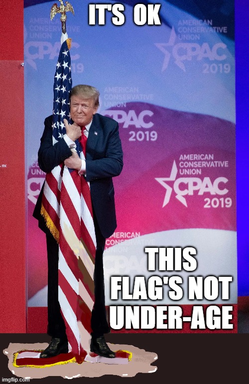 Not even R.Kelly loves the flag more than I do. | IT'S  OK; THIS FLAG'S NOT UNDER-AGE | image tagged in trump,golden shower,flag molestation,flag | made w/ Imgflip meme maker