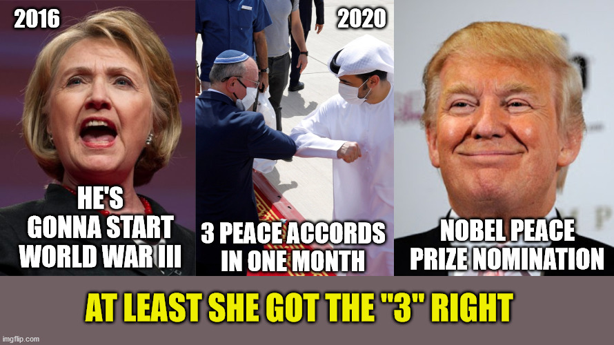 "Doom and Gloom" Democrats | 2016; 2020; HE'S GONNA START WORLD WAR III; 3 PEACE ACCORDS IN ONE MONTH; NOBEL PEACE PRIZE NOMINATION; AT LEAST SHE GOT THE "3" RIGHT | image tagged in donald trump approves,hillary,liberal logic,peace,israel,maga | made w/ Imgflip meme maker