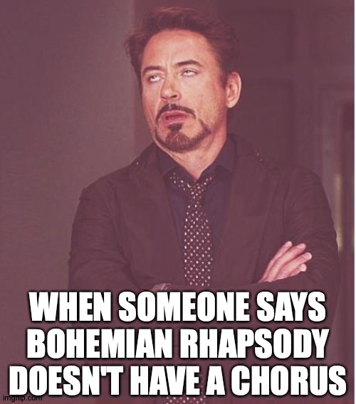 Carry On | WHEN SOMEONE SAYS BOHEMIAN RHAPSODY DOESN'T HAVE A CHORUS | image tagged in memes,face you make robert downey jr,queen,bohemian rhapsody | made w/ Imgflip meme maker