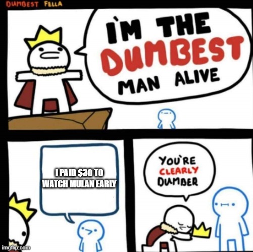 the dumbest man alive | I PAID $30 TO WATCH MULAN EARLY | image tagged in the dumbest man alive | made w/ Imgflip meme maker
