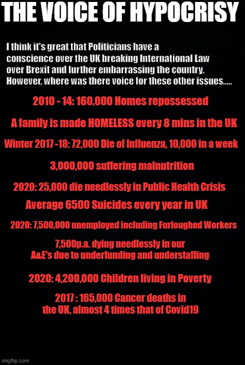 THE VOICE OF HYPOCRISY; I think it's great that Politicians have a conscience over the UK breaking International Law over Brexit and further embarrassing the country. However, where was there voice for these other issues..... 2010 - 14: 160,000 Homes repossessed; A family is made HOMELESS every 8 mins in the UK; Winter 2017 -18: 72,000 Die of Influenza, 10,000 in a week; 3,000,000 suffering malnutrition; 2020: 25,000 die needlessly in Public Health Crisis; Average 6500 Suicides every year in UK; 2020: 7,500,000 unemployed including Furloughed Workers; 7,500p.a. dying needlessly in our A&E's due to underfunding and understaffing; 2020: 4,200,000 Children living in Poverty; 2017 : 165,000 Cancer deaths in the UK, almost 4 times that of Covid19 | image tagged in black background | made w/ Imgflip meme maker