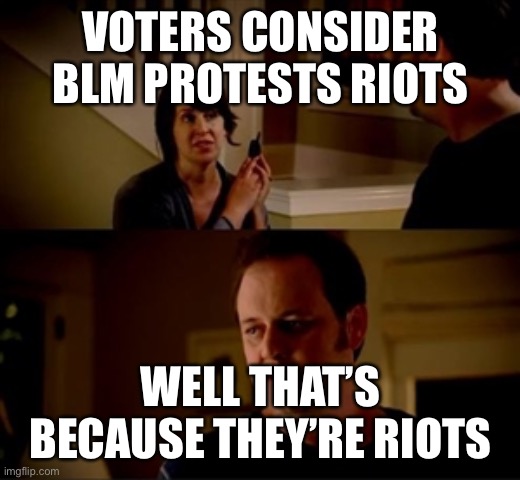 Jake from state farm | VOTERS CONSIDER BLM PROTESTS RIOTS; WELL THAT’S BECAUSE THEY’RE RIOTS | image tagged in jake from state farm | made w/ Imgflip meme maker