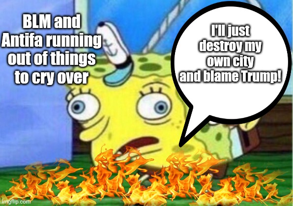 Waaaahhh says the Liberal | I'll just destroy my own city and blame Trump! BLM and Antifa running out of things to cry over | image tagged in memes,mocking spongebob,stupid liberals,blm,antifa,donald trump | made w/ Imgflip meme maker