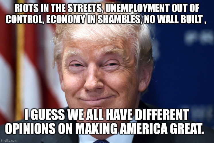 Trump smiles | RIOTS IN THE STREETS, UNEMPLOYMENT OUT OF CONTROL, ECONOMY IN SHAMBLES, NO WALL BUILT , I GUESS WE ALL HAVE DIFFERENT OPINIONS ON MAKING AMERICA GREAT. | image tagged in trump smiles | made w/ Imgflip meme maker