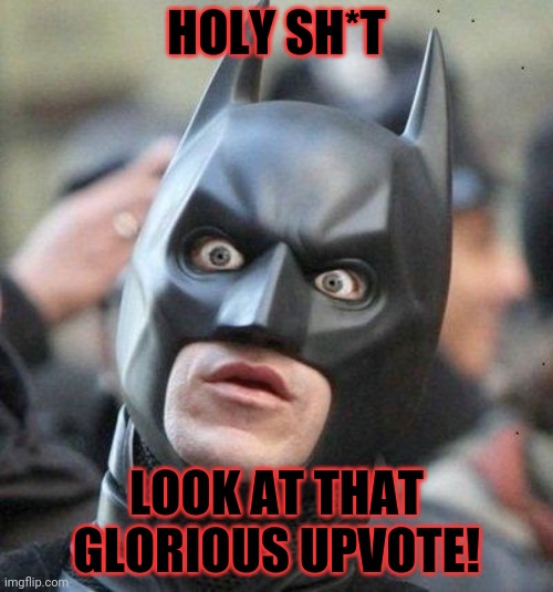 Shocked Batman | HOLY SH*T LOOK AT THAT GLORIOUS UPVOTE! | image tagged in shocked batman | made w/ Imgflip meme maker