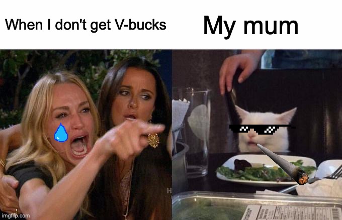 When you don't get V-bucks | When I don't get V-bucks; My mum | image tagged in memes,woman yelling at cat | made w/ Imgflip meme maker