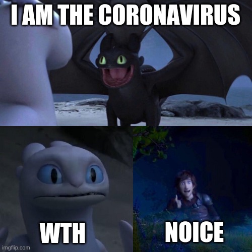 toothless is the coolest | I AM THE CORONAVIRUS; NOICE; WTH | image tagged in night fury,how to train your dragon | made w/ Imgflip meme maker