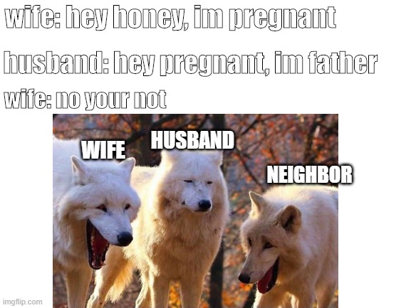 poor guy |  husband: hey pregnant, im father; wife: hey honey, im pregnant; wife: no your not; HUSBAND; WIFE; NEIGHBOR | image tagged in laughing wolf,cheating | made w/ Imgflip meme maker