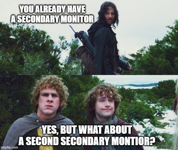 Aragorn Merry Pippin Second Breakfast | YOU ALREADY HAVE A SECONDARY MONITOR; YES, BUT WHAT ABOUT A SECOND SECONDARY MONTIOR? | image tagged in aragorn merry pippin second breakfast | made w/ Imgflip meme maker