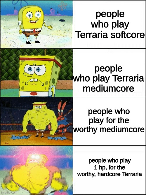 Terraria meme | people who play Terraria softcore; people who play Terraria mediumcore; people who play for the worthy mediumcore; people who play 1 hp, for the worthy, hardcore Terraria | image tagged in sponge finna commit muder | made w/ Imgflip meme maker
