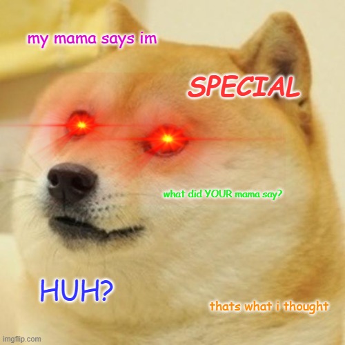 doge trying to be toxic | my mama says im; SPECIAL; what did YOUR mama say? HUH? thats what i thought | image tagged in memes,doge | made w/ Imgflip meme maker