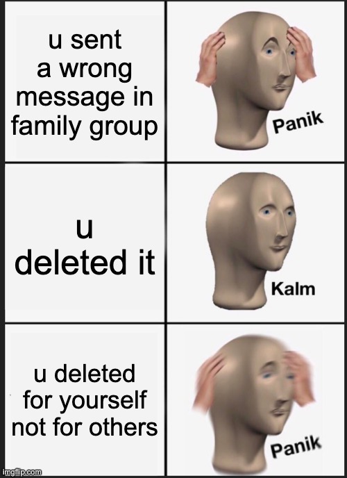 Panik Kalm Panik Meme | u sent a wrong message in family group; u deleted it; u deleted for yourself not for others | image tagged in memes,panik kalm panik | made w/ Imgflip meme maker