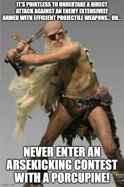 Cohen's Wisdom | IT'S POINTLESS TO UNDERTAKE A DIRECT ATTACK AGAINST AN ENEMY EXTENSIVELY ARMED WITH EFFICIENT PROJECTILE WEAPONS... OR... NEVER ENTER AN ARSEKICKING CONTEST WITH A PORCUPINE! | image tagged in discworld,cohen the barbarian | made w/ Imgflip meme maker