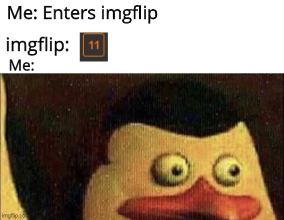 Oh, boy, here I go reading them all. | Me: Enters imgflip; imgflip:; Me: | image tagged in surprised penguin of madagascar,imgflip,memes | made w/ Imgflip meme maker