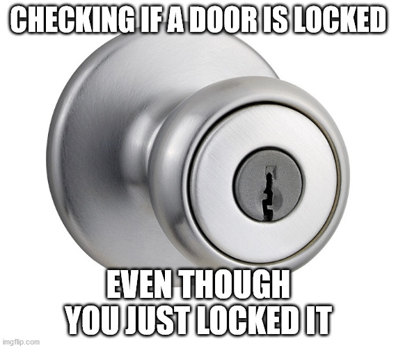Knob | CHECKING IF A DOOR IS LOCKED; EVEN THOUGH YOU JUST LOCKED IT | image tagged in knob | made w/ Imgflip meme maker