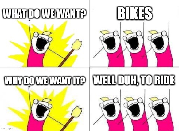 What Do We Want Meme | WHAT DO WE WANT? BIKES; WHY DO WE WANT IT? WELL DUH, TO RIDE | image tagged in memes,what do we want | made w/ Imgflip meme maker