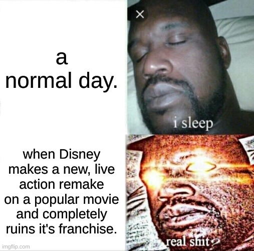 :( | a normal day. when Disney makes a new, live action remake on a popular movie and completely ruins it's franchise. | image tagged in memes,sleeping shaq | made w/ Imgflip meme maker