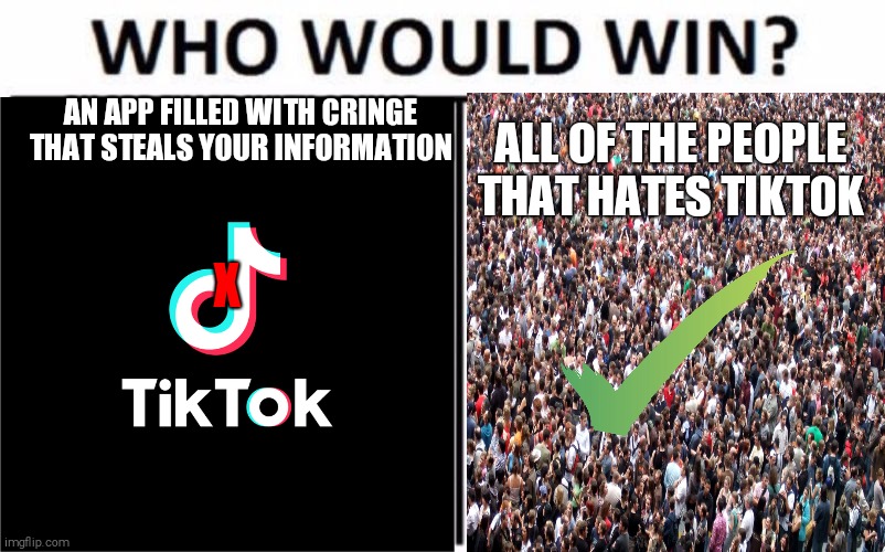 TIKTOK MUST DIE | X; AN APP FILLED WITH CRINGE THAT STEALS YOUR INFORMATION; ALL OF THE PEOPLE THAT HATES TIKTOK | image tagged in tik tok,tiktok,die | made w/ Imgflip meme maker