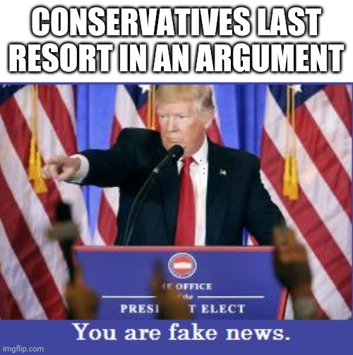 You are fake news.  | CONSERVATIVES LAST RESORT IN AN ARGUMENT | image tagged in you are fake news | made w/ Imgflip meme maker