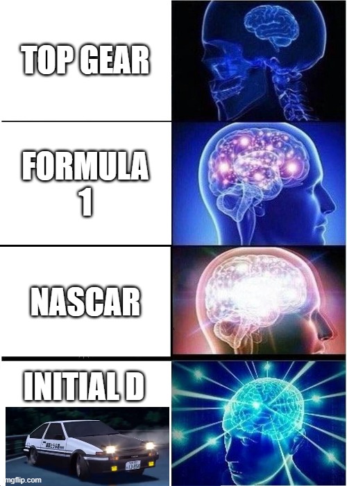 Expanding Brain Meme | TOP GEAR; FORMULA 1; NASCAR; INITIAL D | image tagged in memes,expanding brain | made w/ Imgflip meme maker