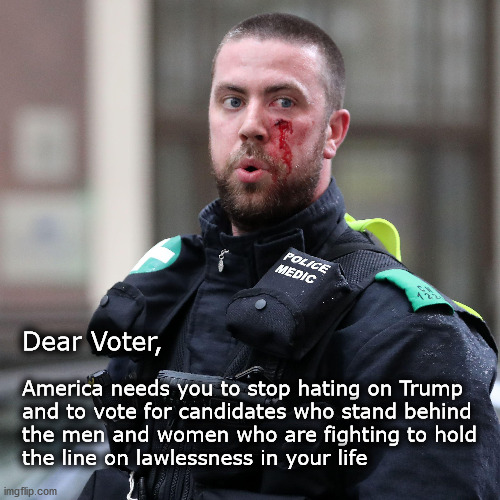 support police | Dear Voter, America needs you to stop hating on Trump
and to vote for candidates who stand behind
the men and women who are fighting to hold 
the line on lawlessness in your life | image tagged in police lives matter | made w/ Imgflip meme maker