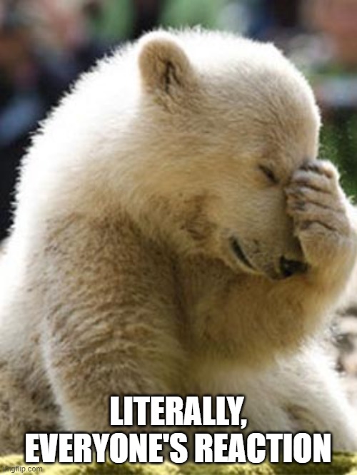 Facepalm Bear Meme | LITERALLY, EVERYONE'S REACTION | image tagged in memes,facepalm bear | made w/ Imgflip meme maker