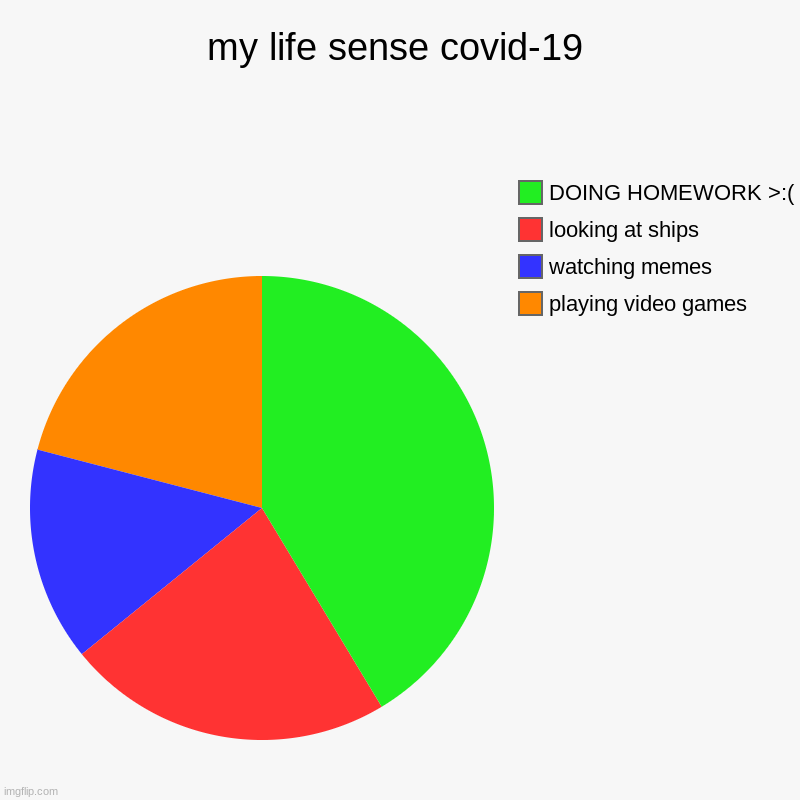 my life sense covid-19 | playing video games, watching memes, looking at ships, DOING HOMEWORK >:( | image tagged in charts,pie charts | made w/ Imgflip chart maker