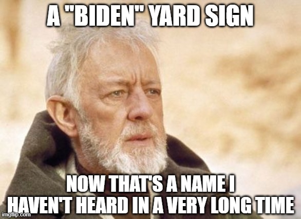 Obi Wan Kenobi | A "BIDEN" YARD SIGN; NOW THAT'S A NAME I HAVEN'T HEARD IN A VERY LONG TIME | image tagged in memes,obi wan kenobi | made w/ Imgflip meme maker