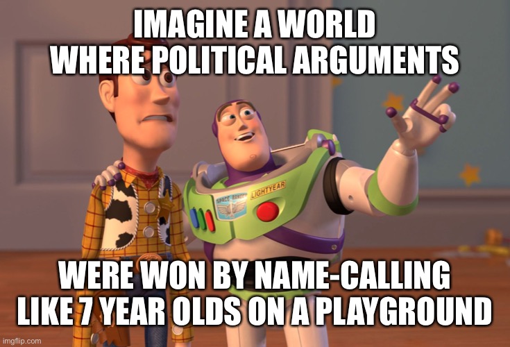 Political Buzzkill | IMAGINE A WORLD WHERE POLITICAL ARGUMENTS; WERE WON BY NAME-CALLING LIKE 7 YEAR OLDS ON A PLAYGROUND | image tagged in memes,x x everywhere | made w/ Imgflip meme maker