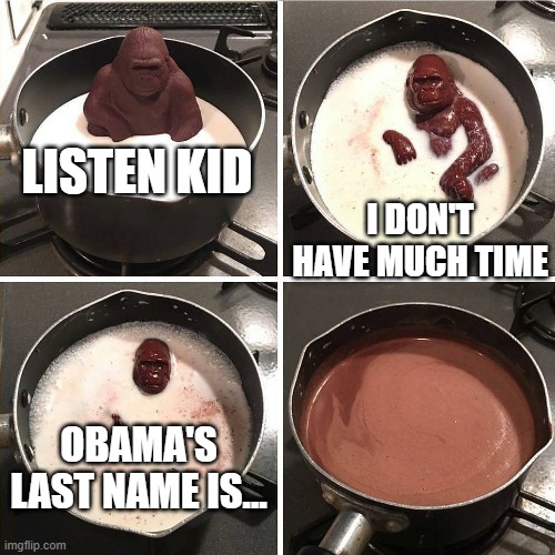 chocolate gorilla | LISTEN KID; I DON'T HAVE MUCH TIME; OBAMA'S LAST NAME IS... | image tagged in chocolate gorilla | made w/ Imgflip meme maker