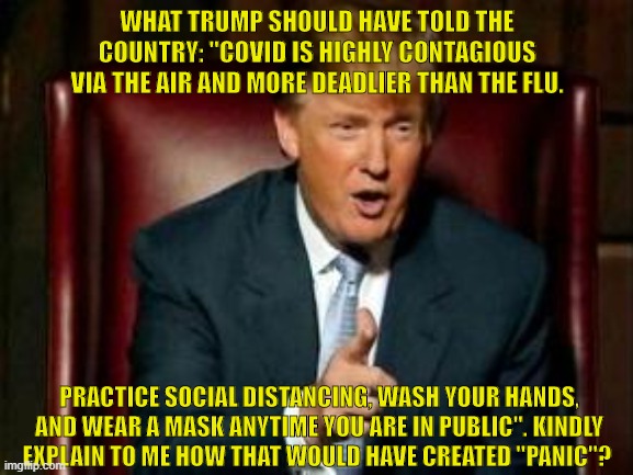 It was so simple... | WHAT TRUMP SHOULD HAVE TOLD THE COUNTRY: "COVID IS HIGHLY CONTAGIOUS VIA THE AIR AND MORE DEADLIER THAN THE FLU. PRACTICE SOCIAL DISTANCING, WASH YOUR HANDS, AND WEAR A MASK ANYTIME YOU ARE IN PUBLIC". KINDLY EXPLAIN TO ME HOW THAT WOULD HAVE CREATED "PANIC"? | image tagged in donald trump | made w/ Imgflip meme maker