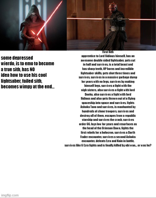 lol Kylo Ren sucks | some depressed wierdo, is to emo to become a true sith, has NO idea how to use his cool lightsaber, failed sith, becomes wimpy at the end... First Sith apprentice to Lord Sidious himself, has an awesome double sided lightsaber, gets cut in half and survives, is a total beast and has sharp teeth, OP horns and incredible lightsaber skills, gets shot three times and survives, survives in a massive garbage dump for years with no legs, survives by making himself legs, survives a fight with the nigh sisters, also survives a fight with lord Dooku, also survives a fight with lord Sidious and also gets thrown out of a flying spaceship into space and survives, fights Ashoka Tano and survives, is manhunted by hundreds of clone troopers, survives and destroy all of them, escapes from a republic starship and survives the crash, survives order 66, lays low for years and resurfaces as the head of the Crimson Dawn, fights the first rebels for a holocron, survives a Darth Vader encounter, survives a second Ashoka encounter, defeats Ezra and Kain in battle, survives like 6 Ezra fights and is finally killed by obi wan... or was he? | image tagged in memes | made w/ Imgflip meme maker