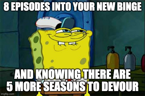8 episodes into a binge with 5 seasons to go |  8 EPISODES INTO YOUR NEW BINGE; AND KNOWING THERE ARE 5 MORE SEASONS TO DEVOUR | image tagged in memes,don't you squidward,binge watching,satisfaction | made w/ Imgflip meme maker