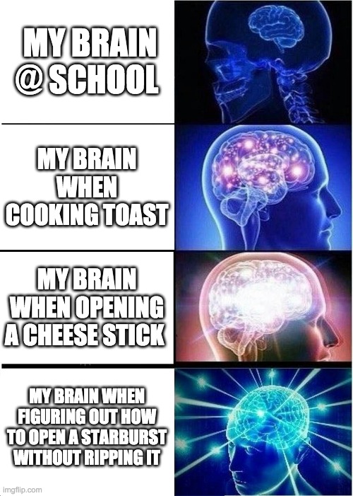 this is so true wtf | MY BRAIN @ SCHOOL; MY BRAIN WHEN COOKING TOAST; MY BRAIN WHEN OPENING A CHEESE STICK; MY BRAIN WHEN FIGURING OUT HOW TO OPEN A STARBURST WITHOUT RIPPING IT | image tagged in memes,expanding brain | made w/ Imgflip meme maker