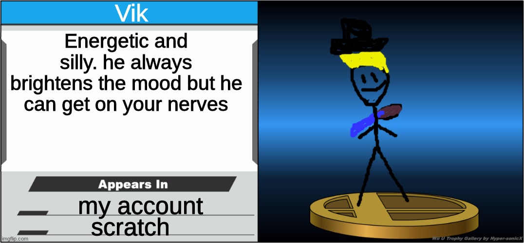 That basically describes me | Vik; Energetic and silly. he always brightens the mood but he can get on your nerves; my account; scratch | image tagged in smash bros trophy,oc | made w/ Imgflip meme maker