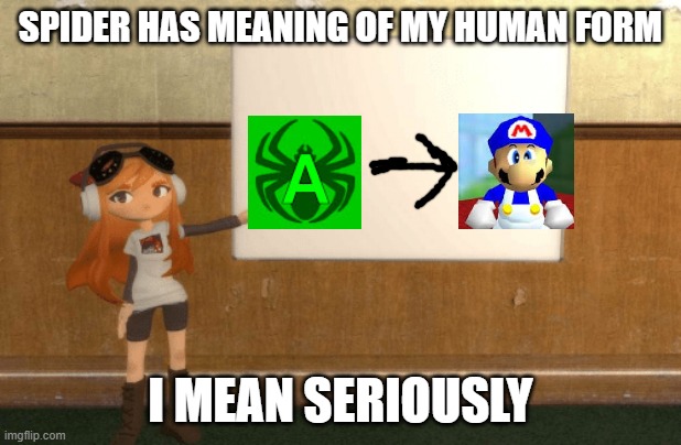 SMG4s Meggy pointing at board | SPIDER HAS MEANING OF MY HUMAN FORM; I MEAN SERIOUSLY | image tagged in smg4s meggy pointing at board | made w/ Imgflip meme maker