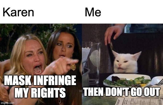 Woman Yelling At Cat | Karen; Me; MASK INFRINGE MY RIGHTS; THEN DON'T GO OUT | image tagged in memes,woman yelling at cat | made w/ Imgflip meme maker