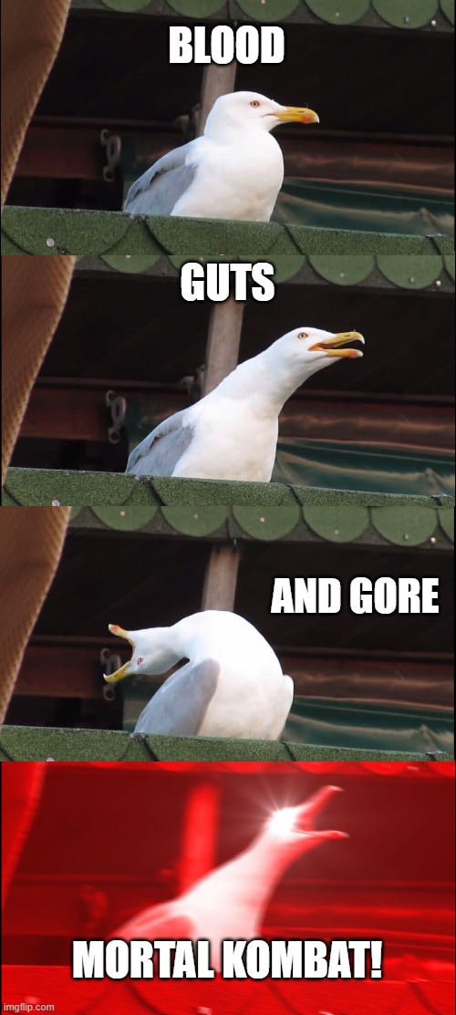 Inhaling Seagull | BLOOD; GUTS; AND GORE; MORTAL KOMBAT! | image tagged in memes,inhaling seagull | made w/ Imgflip meme maker