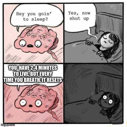 Hey you going to sleep? | YOU  HAVE 2-4 MINUTES TO LIVE, BUT EVERY TIME YOU BREATH, IT RESETS | image tagged in hey you going to sleep | made w/ Imgflip meme maker