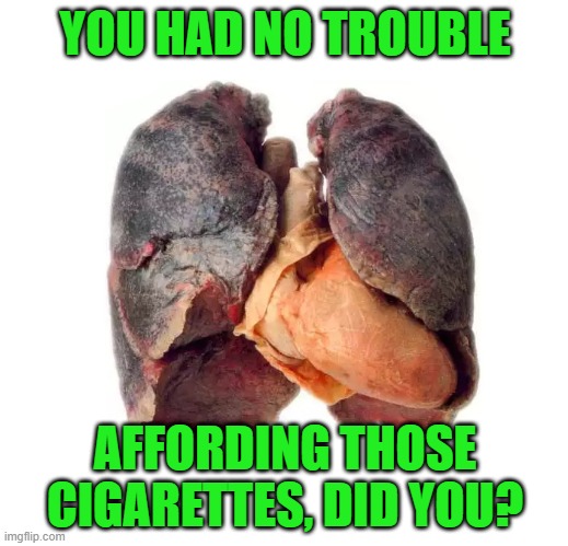 Smoker sick unhealthy lungs | YOU HAD NO TROUBLE AFFORDING THOSE CIGARETTES, DID YOU? | image tagged in smoker sick unhealthy lungs | made w/ Imgflip meme maker